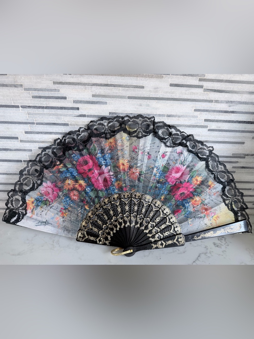 Vintage Black Lace Floral Folding Hand Fan - Elegant Decorative Accent